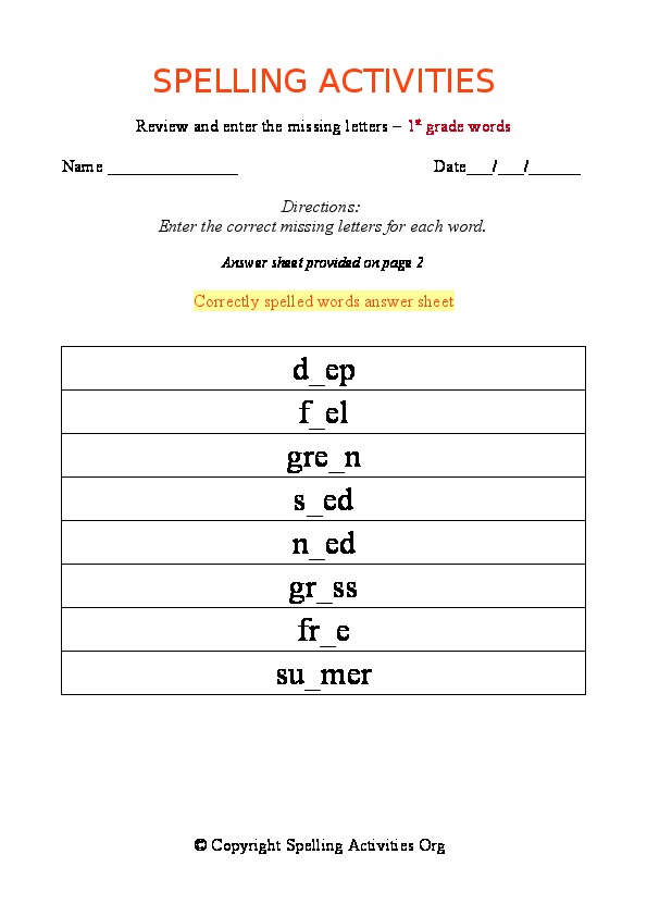 Printable Spelling Worksheets For 7 Year Olds