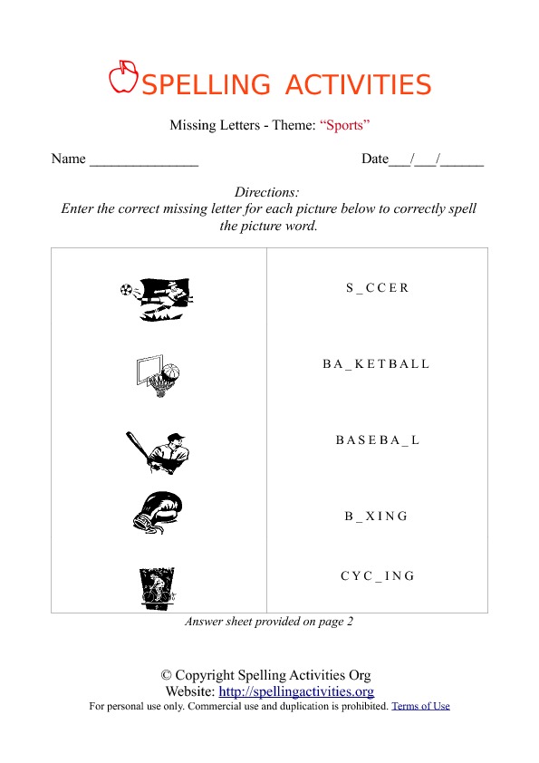 Missing Letters Spelling Worksheet with Sports