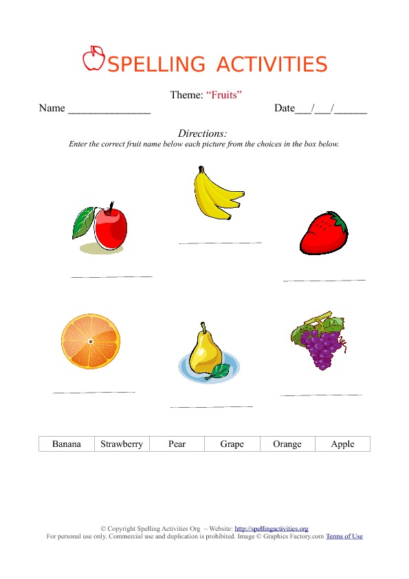 ESL English Spelling Worksheet Fruits
